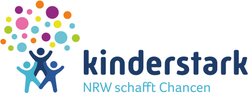drei stilisierte Menschen mit bunten Punkten und Text "kinderstark - NRW schafft Chancen"