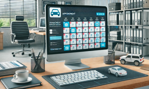 Schreibtisch mit Modellautos und Bildschirm. Bildschirm zeigt Online-Terminvereinbarung. KI-generiert